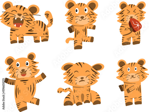 Set of cute tiger illustration for kids. Collection of childish fun animal illustration