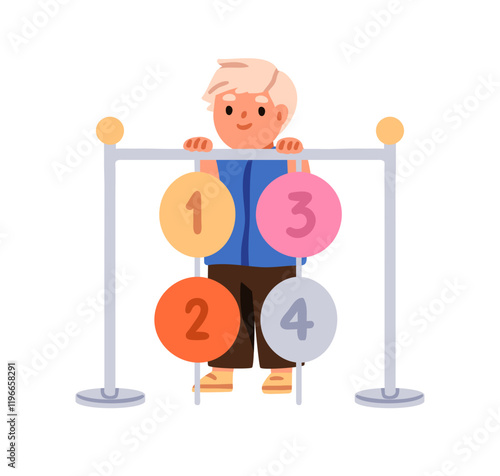 Cute kid playing. Boy peeking from behind education toy with numbers. Happy child hiding during game activity, preschool learning and fun. Flat vector illustration isolated on white background