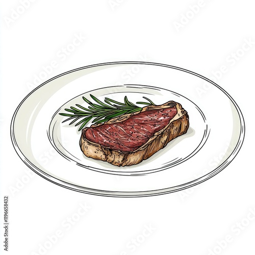 Sizzling Steak: A Culinary Masterpiece.  Succulent grilled beefsteak, seasoned to perfection, served on a plate with fresh rosemary. Indulge in this mouthwatering image! photo