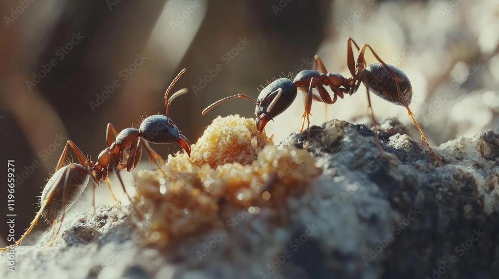 Two ants carrying food on a rock. Two ants carrying food on a rock.