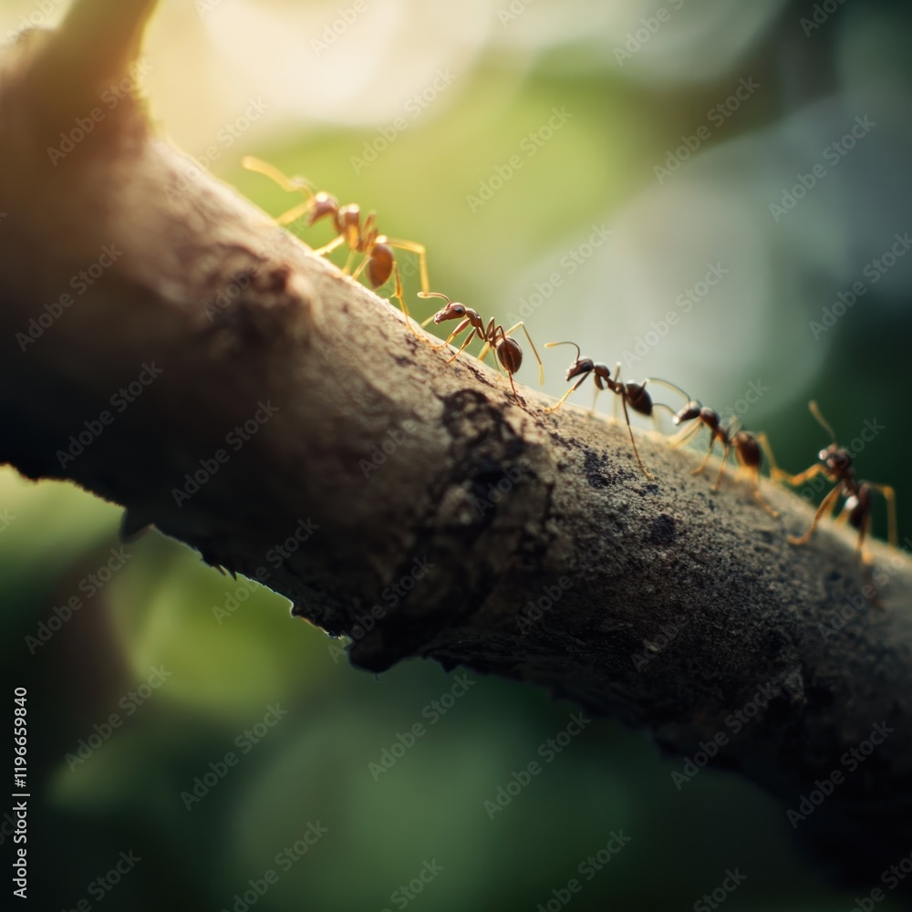 Ants marching on a tree branch in nature, backlit by sunlight. Ants marching on a tree branch in nature, backlit by sunlight.