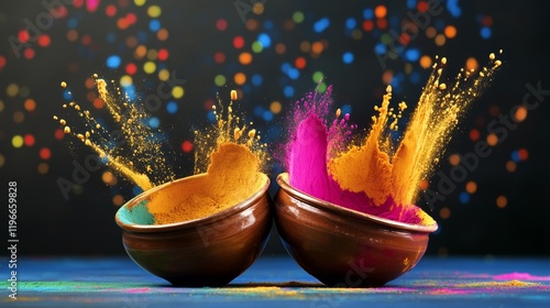 Two bowls of colorful powder are on a table, one of which is almost empty. The other bowl is full of powder, and it looks like it's about to explode. The scene has a sense of excitement photo