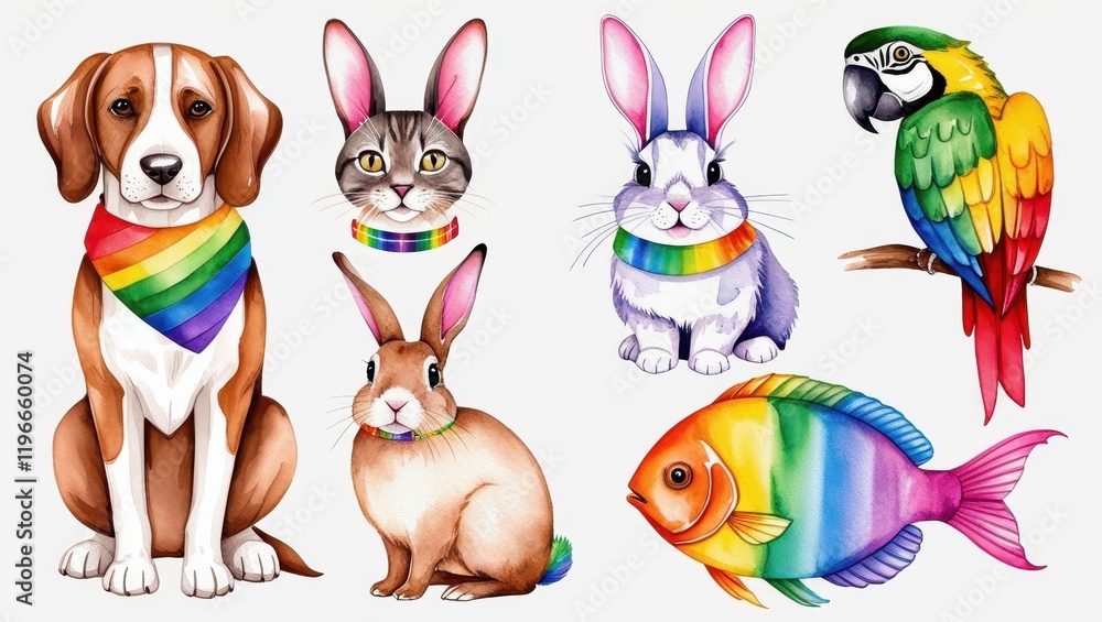 Naklejka premium Adorable Watercolor Rainbow Pets Dog Cat Rabbits Parrot Fish