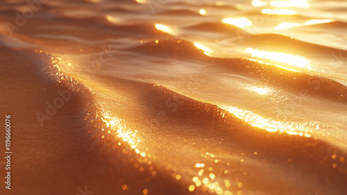 Masterful photography of intricate desert sand patterns with wind-cut ripples, morning light casting golden shadows on textured sand, and a gradient from caramel to cream. photo