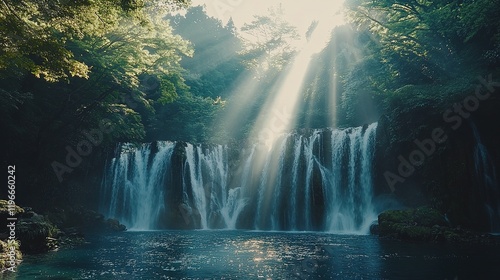 Sunlit Waterfall in Lush Forest