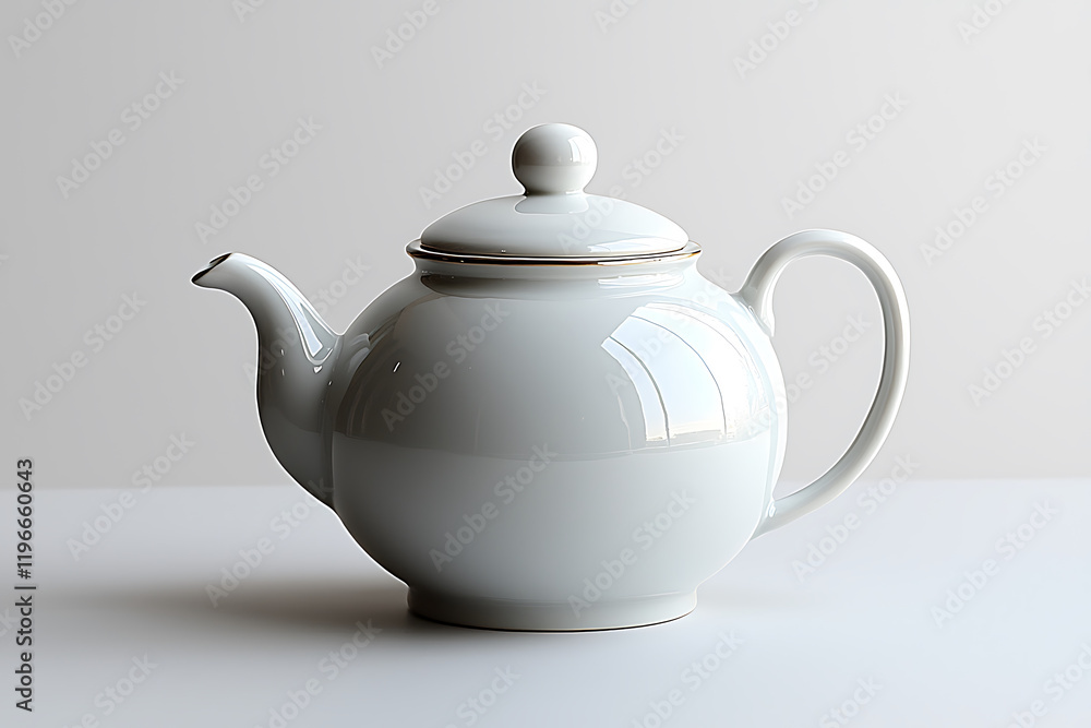 Elegant white teapot, round body, simple design, gold trim. Elegant white teapot, round body, simple design, gold trim.