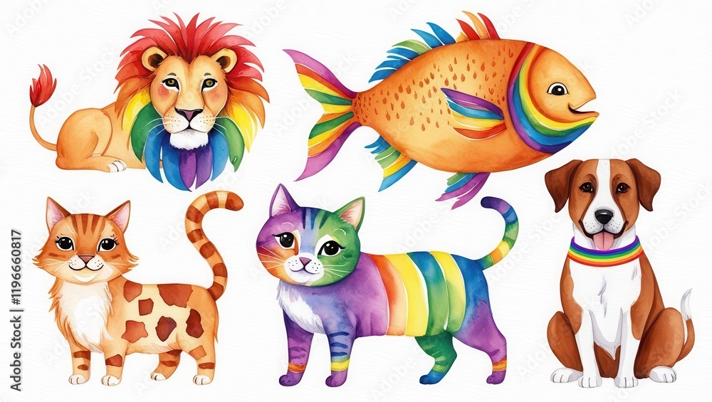 Obraz premium Adorable Rainbow Colored Animals Lion Cat Dog Fish Watercolor Illustration