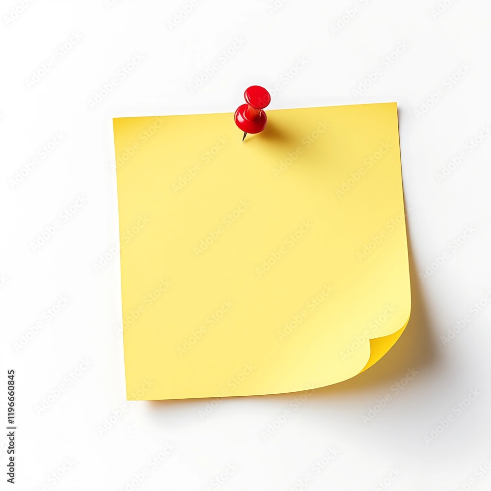 A bright yellow sticky note pinned to a white surface. A bright yellow sticky note pinned to a white surface.