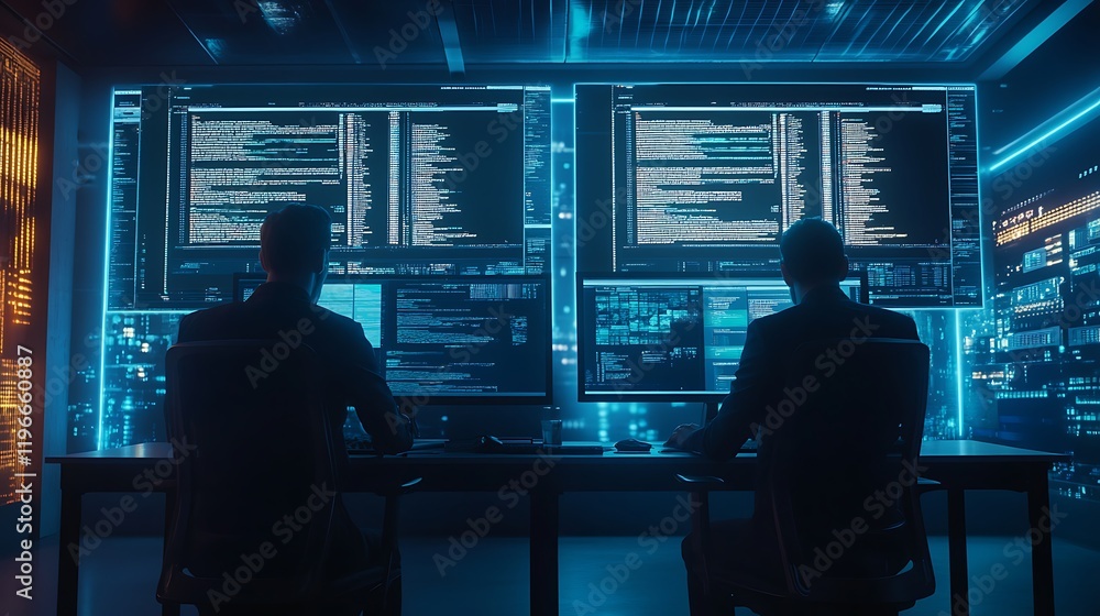 Two programmers work late at night, analyzing code on large monitors in a brightly lit, modern office. Two programmers work late at night, analyzing code on large monitors in a brightly lit, modern office.