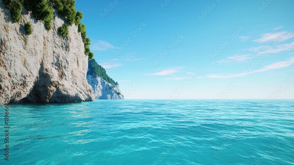 Serene coastal view with clear blue water and rocky cliffs. Serene coastal view with clear blue water and rocky cliffs.