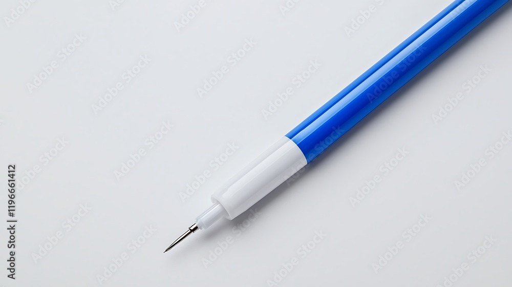 Fototapeta premium A close-up image of a blue pen with a white grip, showcasing its fine tip against a minimalist white background.