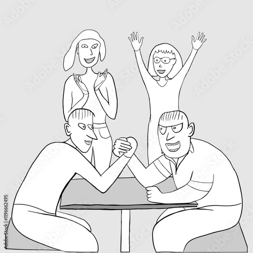 Two guys compete in arm wrestling, and two girls look at them in delight.