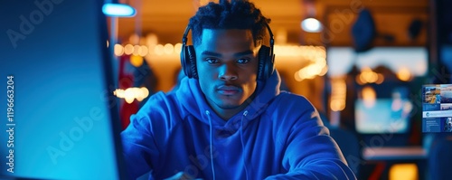Focused Gamer in Blue Hoodie
