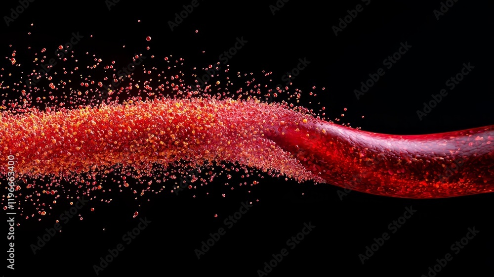 Clogged Blood Vessel concept. Dynamic red wave with sparkling particles on a black background. Clogged Blood Vessel concept. Dynamic red wave with sparkling particles on a black background.