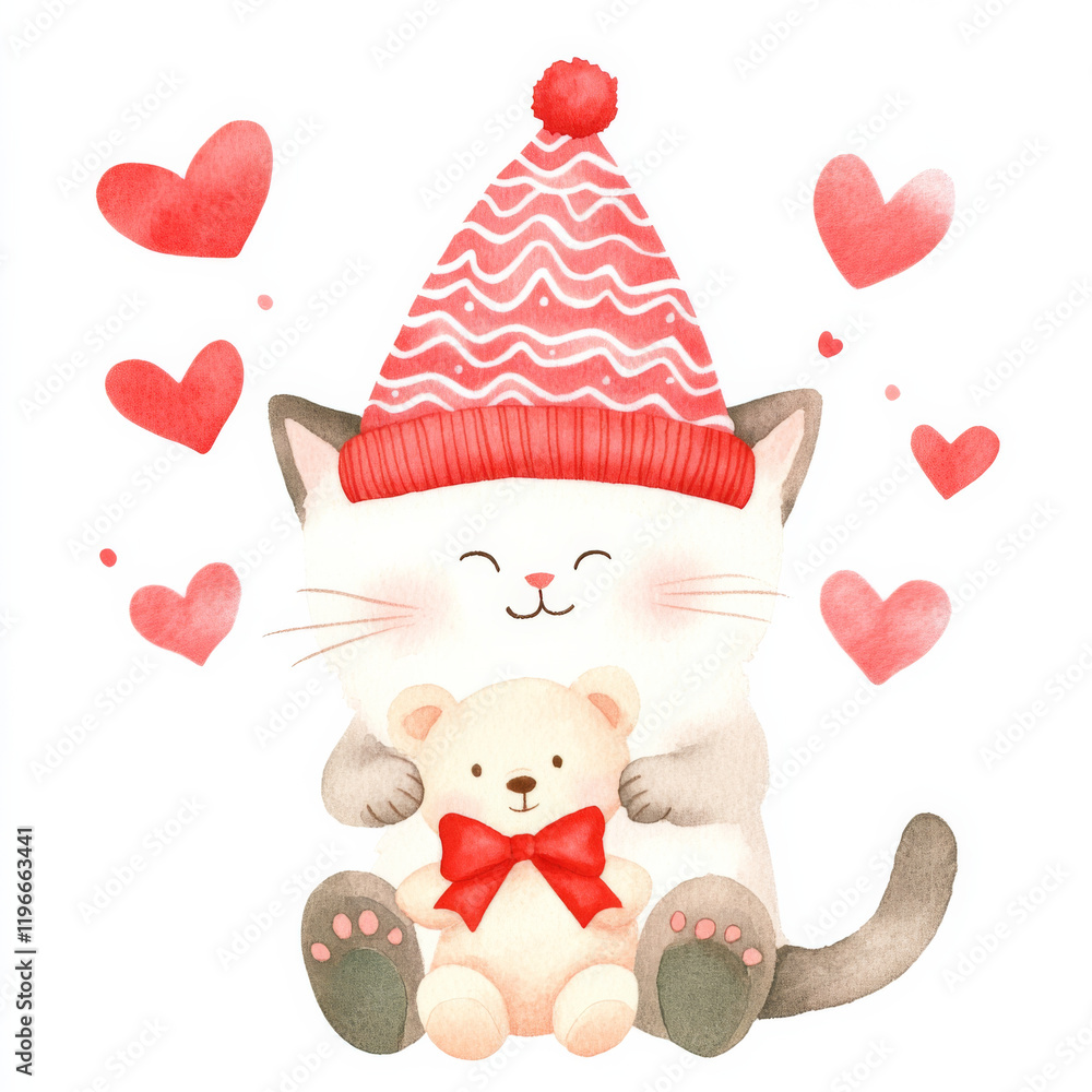 Fototapeta premium Cute cat wearing red hat, holding teddy bear with bow, surrounded by hearts. This adorable illustration evokes warmth and joy, perfect for children decor or greeting cards