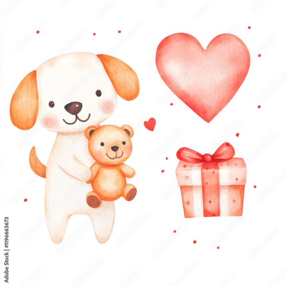 Fototapeta premium Cute dog holding teddy bear with heart and gift box, perfect for children illustrations and greeting cards
