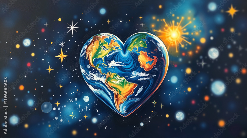 Fototapeta premium Earth in Heart Shape, Artistic heart-shaped Earth surrounded by stars and cosmic elements