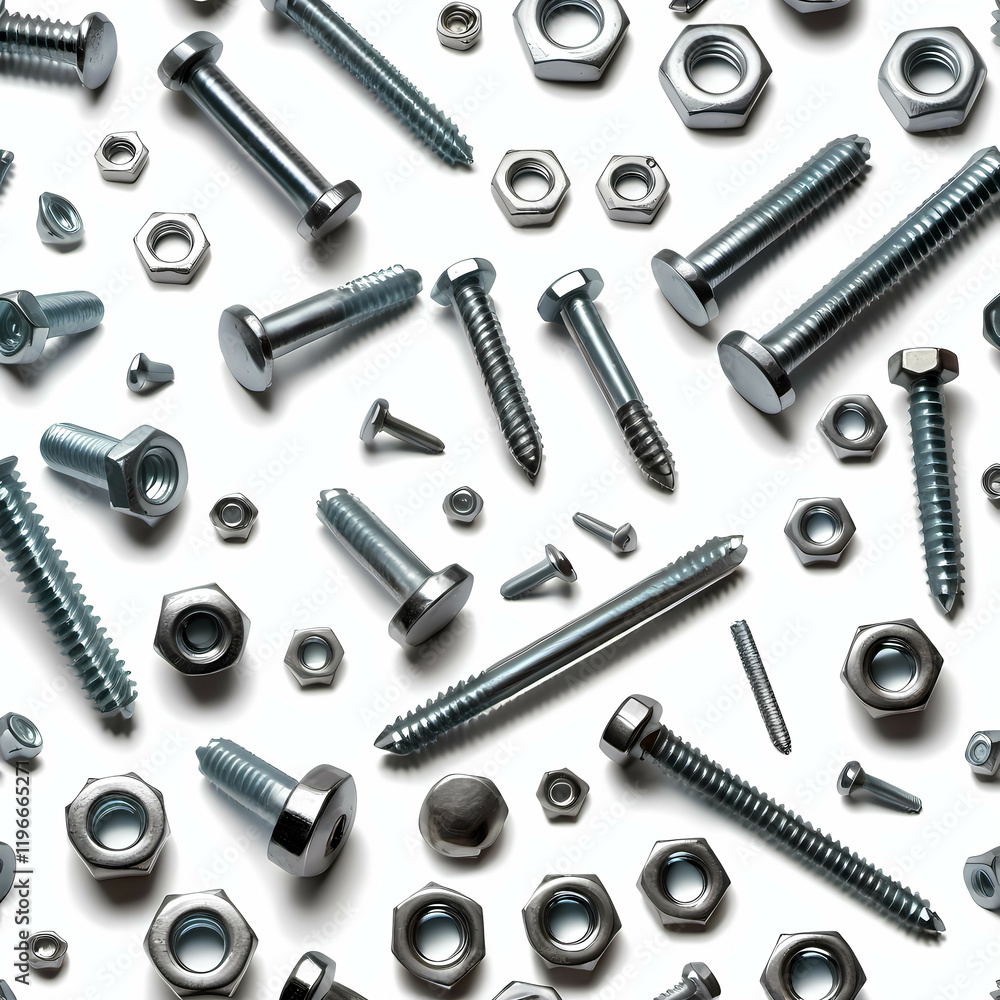 Mixed sizes of screws, bolts, and nuts scattered densely over a clean white background. Generative AI Mixed sizes of screws, bolts, and nuts scattered densely over a clean white background. Generative AI