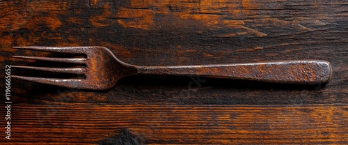 Rustic Antique Fork on Dark Wooden Background photo