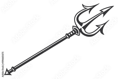 Black trident silhouette, mythological weapon, sharp points, symmetrical design, minimalist icon, ancient symbol, Neptune's spear, dark contrast, vector graphic, simple shape, divine power, oceanic em