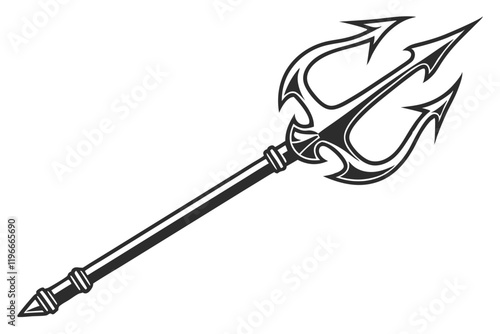 Black trident silhouette, mythological weapon, sharp points, symmetrical design, minimalist icon, ancient symbol, Neptune's spear, dark contrast, vector graphic, simple shape, divine power, oceanic em