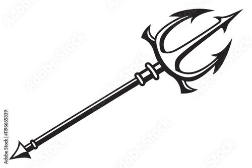 Black trident silhouette, mythological weapon, sharp points, symmetrical design, minimalist icon, ancient symbol, Neptune's spear, dark contrast, vector graphic, simple shape, divine power, oceanic em