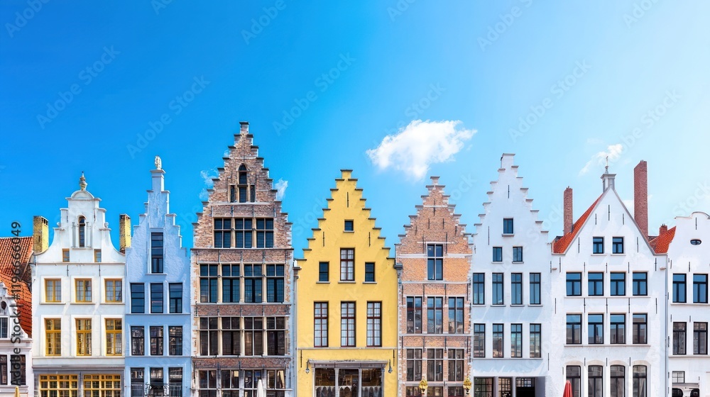 Obraz premium Colorful historic buildings with unique gables against a blue sky.