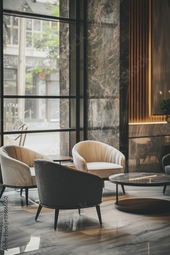 Modern office space with a large window and white chairs. The chairs are arranged around a coffee table and a potted plant. The room has a clean and minimalist design  with a focus on functionality