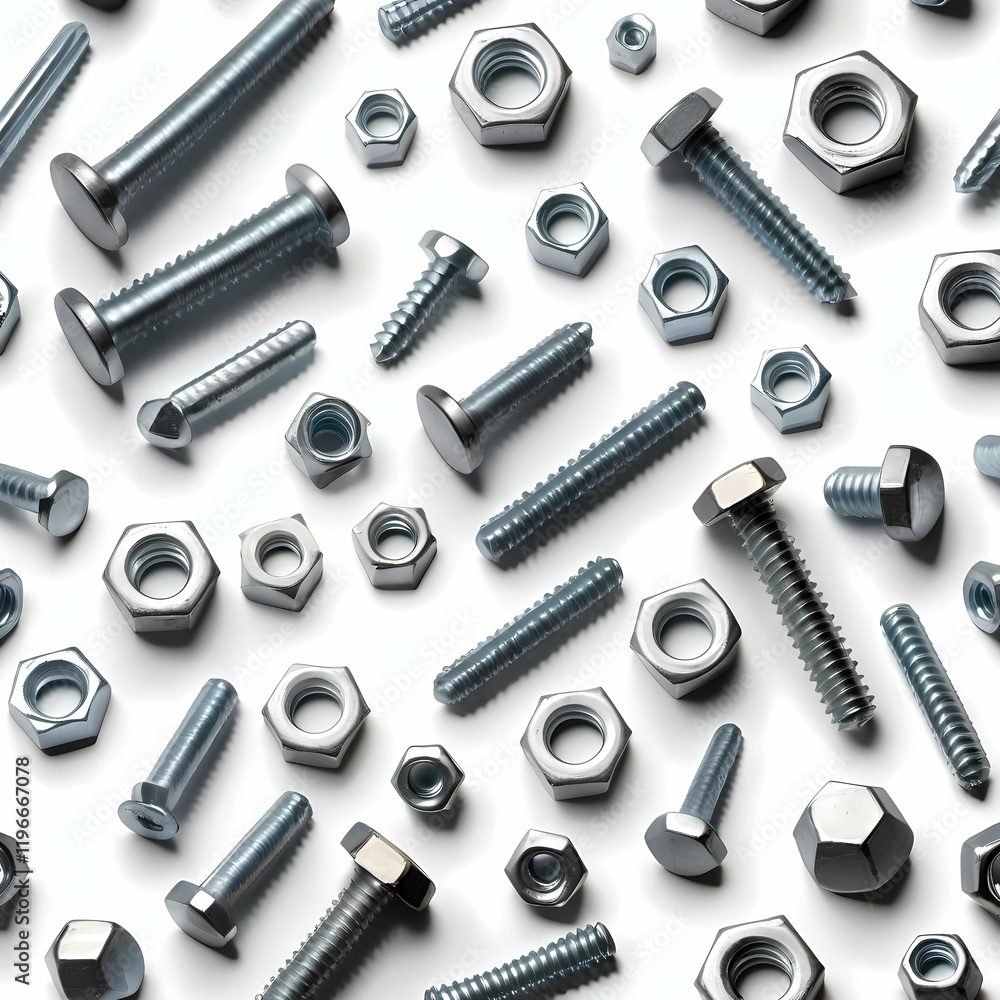 Zinc-coated screws, bolts, and hex nuts in disarray across a plain white surface. Generative AI Zinc-coated screws, bolts, and hex nuts in disarray across a plain white surface. Generative AI