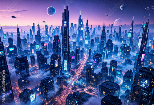 Futuristic city aerial, flying vehicles, purple sunset, clouds, sci-fi concept art