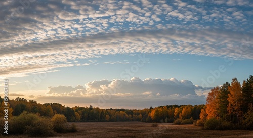 Autumn Landscape Sunset Clouds Forest Meadow