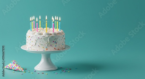 Festive Birthday Cake with Candles Sprinkles Teal Background