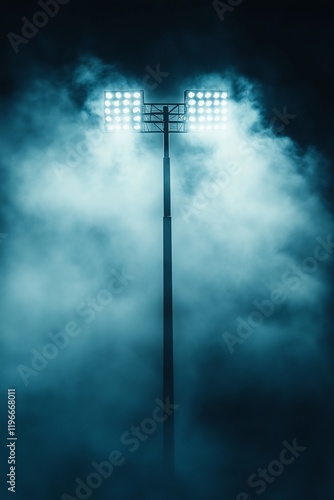 Bright floodlights cast a powerful glow amidst swirling fog, creating an eerie yet captivating atmosphere during a quiet night. The scene is unsettling yet visually striking.