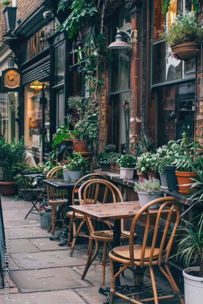 Fototapeta premium City scene with cafe on sidewalk, offering outdoor seating.