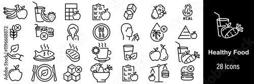 Healthy Food and Nutrition Web Icons. Diet, Fruit Juice, Yogurt, No Sugar, No Fast Food. Vector in Line Style Icons