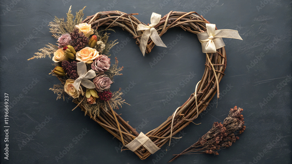 Rustic heart-shaped wreath made of natural twigs and dried flowers Rustic heart-shaped wreath made of natural twigs and dried flowers