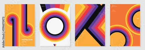 Collection of 70s color gradient poster background vector. Set of retro wall decoration, groovy, trippy, geometric shape. Vintage hippie wall art for interior, decorative, banner, cover, card.