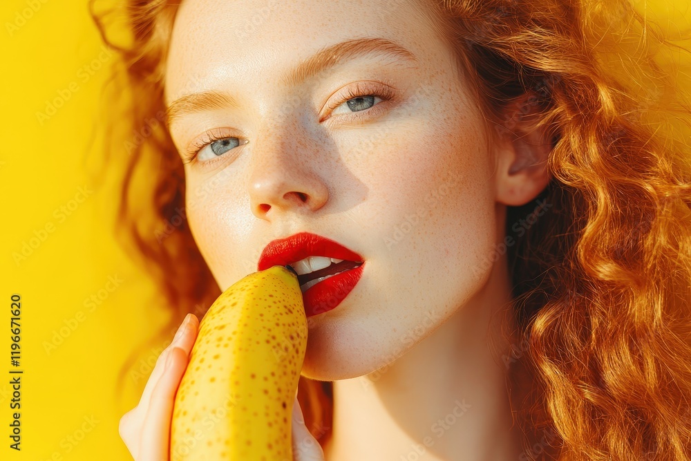 Woman with curly hair and red lips holding banana, vibrant yellow background, fresh fruit concept, playful expression, healthy lifestyle, summer vibes, joy and color. Woman with curly hair and red lips holding banana, vibrant yellow background, fresh fruit concept, playful expression, healthy lifestyle, summer vibes, joy and color.