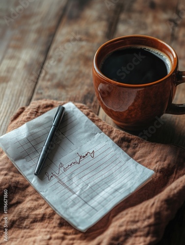 A daily routine of writing morning goals or reminders with a coffee next to it, symbolizing productivity and organization. photo