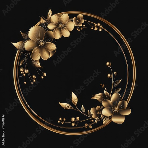 Golden floral circle frame, elegant design, dark background, invitation template