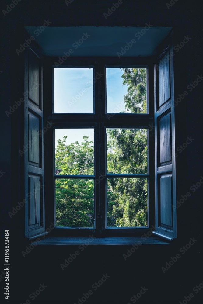 A window with a view of trees outside, offering a serene and calming ambiance through natural light and fresh air. A window with a view of trees outside, offering a serene and calming ambiance through natural light and fresh air.