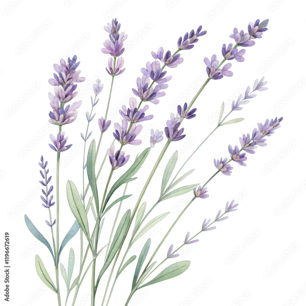 Naklejka premium A bouquet of delicate lavender flowers with green stems and leaves, showcasing shades of purple and intricate details.