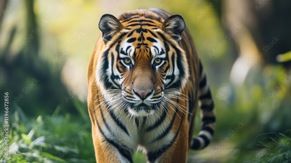 Fototapeta premium Majestic tiger in lush green habitat.