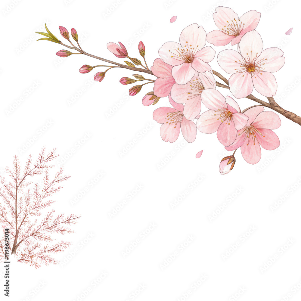 A delicate branch adorned with pink cherry blossoms, showcasing intricate petals and budding leaves. A delicate branch adorned with pink cherry blossoms, showcasing intricate petals and budding leaves.