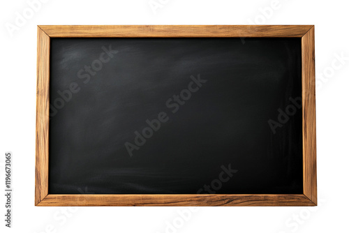 Blank black blackboard with brown wooden frame isolated on transparent background