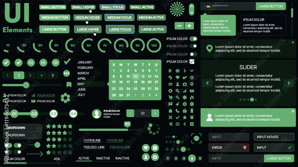 A modern UI kit featuring a collection of buttons, icons, navigation menus, and responsive design elements. Includes login forms, media players, search bars, and calendars, ideal for apps, websites A modern UI kit featuring a collection of buttons, icons, navigation menus, and responsive design elements. Includes login forms, media players, search bars, and calendars, ideal for apps, websites