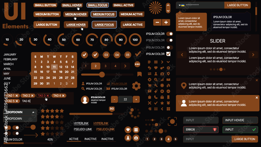 A modern UI kit featuring a collection of buttons, icons, navigation menus, and responsive design elements. Includes login forms, media players, search bars, and calendars, ideal for apps, websites A modern UI kit featuring a collection of buttons, icons, navigation menus, and responsive design elements. Includes login forms, media players, search bars, and calendars, ideal for apps, websites