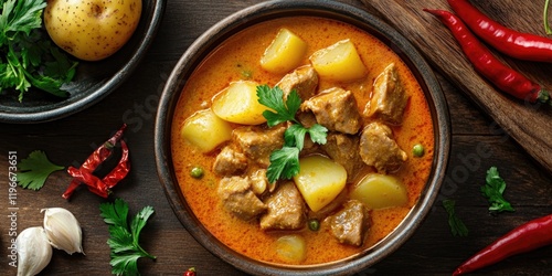 A hearty beef and potato curry with bold spices and comforting ingredients, served in a traditional Indian soup bowl on a rustic wooden table. photo