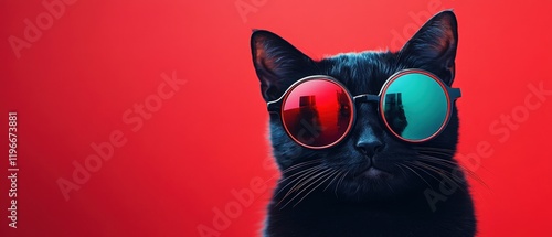 Wallpaper Mural Cat wearing stylish sunglasses against vibrant red background, showcasing trendy pet fashion and playful personality, perfect for animal lovers and social media. Torontodigital.ca