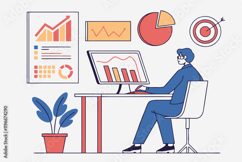 business analyst, data visualization, office workspace, computer monitor with charts, graphs, statistics, blue outfit, office chair, minimalist desk, potted plant, floating infographics, clean design,